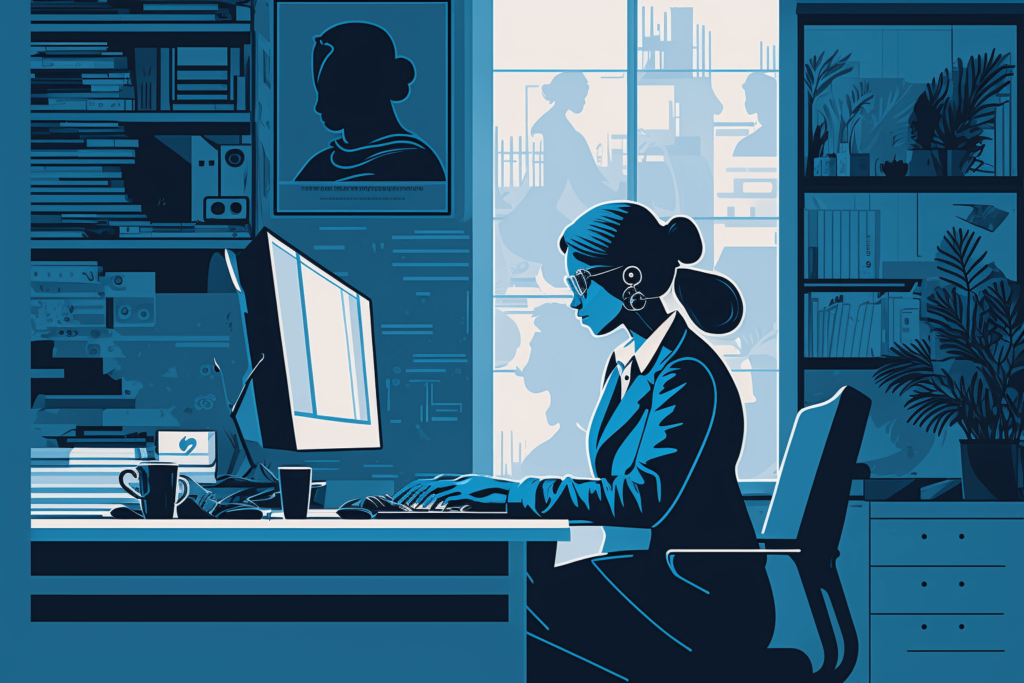 A digital illustration shows a woman browsing computer in her room sitting on the chair which represents the importance of online presence for job seekers