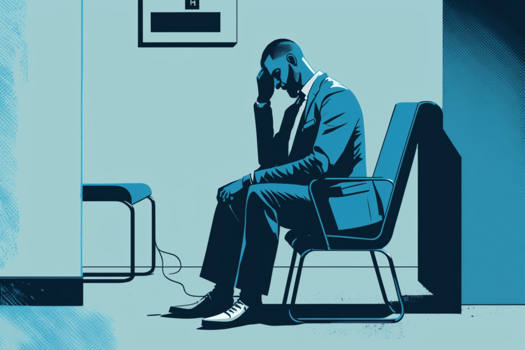 Digital illustration of a job seeker nervously sitting on a chair waiting for interview