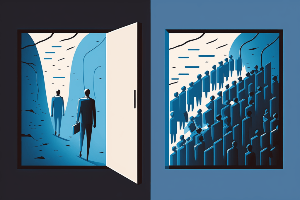 A digital illustration of competitive jobs where too many job seekers are in one side and in other side less competitive jobs with just a few job seekers