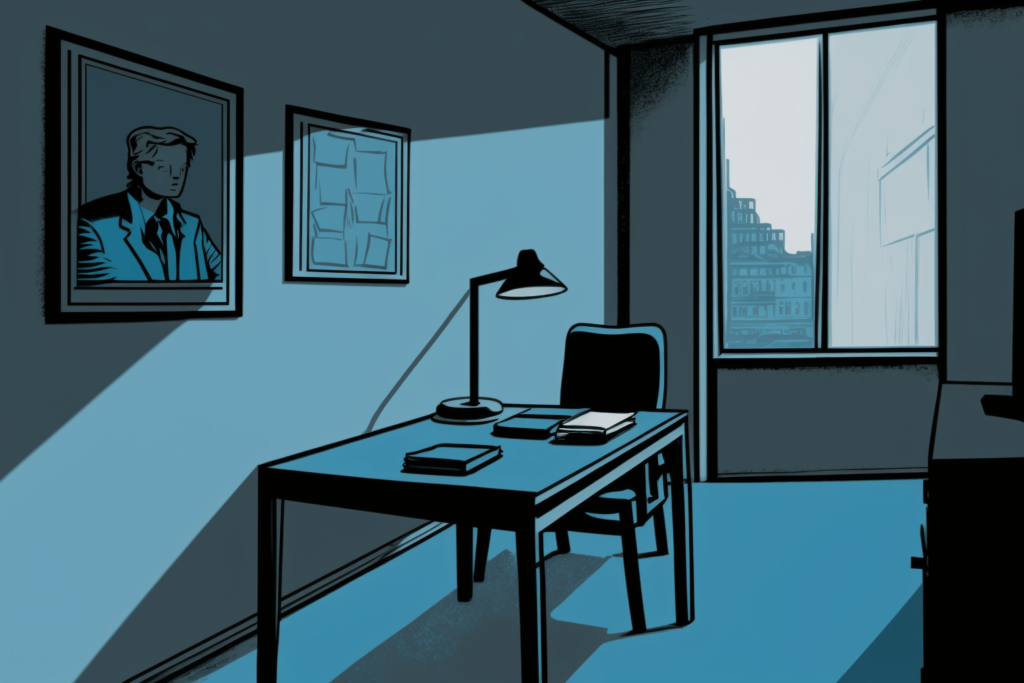 A digital illustration visualizes employment gap history, empty office