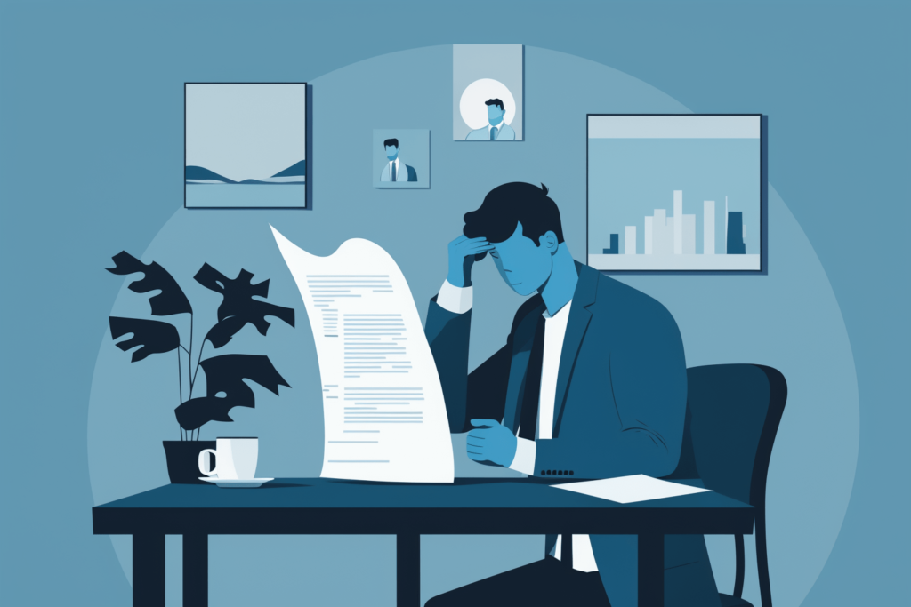 A digital illustration of an employer sitting on work desk and looking at a poor resume, seems disappointed