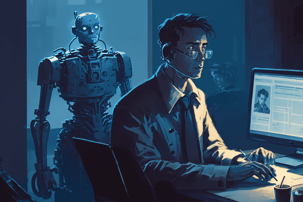 Digital art depicts that AI Robot is ready to take the job behind an employee and the employee looks frightened to lose his job