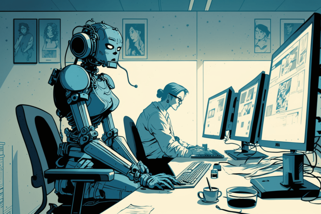 artificial robot working in a modern office along with human