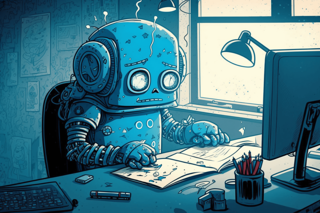 A digital illustration of a confused robot working in office depicts job that can't be replaced by AI