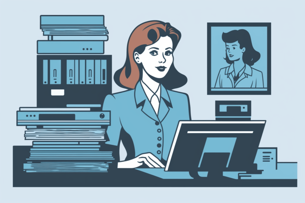 A digital illustration of an office administrator portraying organization skill