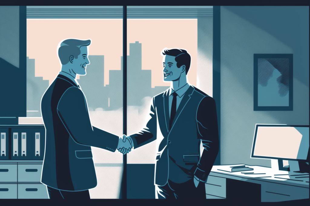 A digital illustration of an employee and an employer shaking hands with each other which in the represent of successful online presence