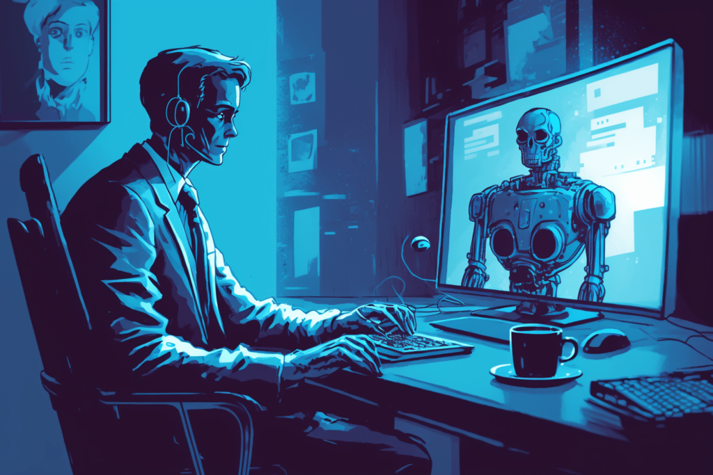 Digital art depicts that an employee working with ai at the office