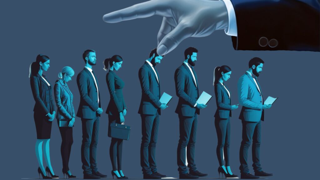 Digital illustration depicts nepotism of Job seekers standing in a line for interview and HR picking