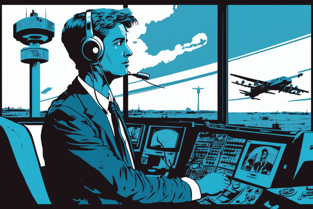 Digital illustration of a young adult man air traffic controller depicts high paying jobs for 20 year olds