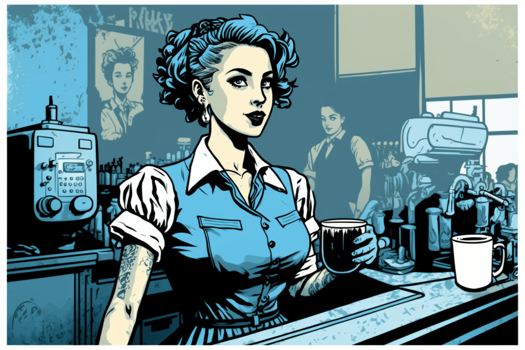 Digital illustration of young adult woman as barista depicts jobs for 20 year olds with no experience