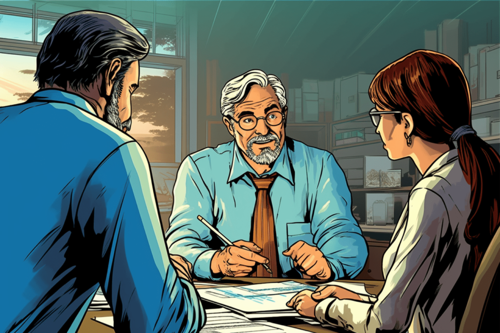 Digital illustration of a quadragenarian man as Sales Advisor talking with clients in the office