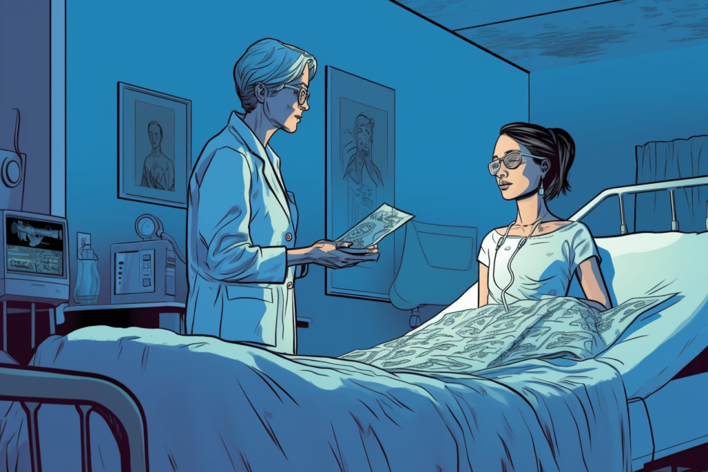 A digital illustration of a nurse helping patient in the hospital