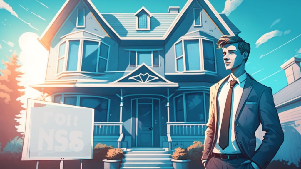 Digital illustration of a young adult real estate agent depicts jobs for 20 year olds without a degree