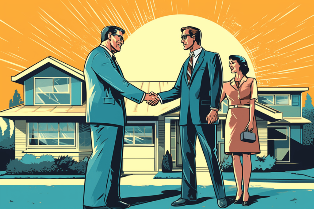 Digital illustration of a Real Estate Agent shaking hand with client by selling off a house