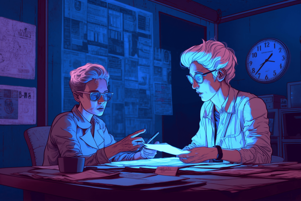 Digital illustration of a woman tutoring her student