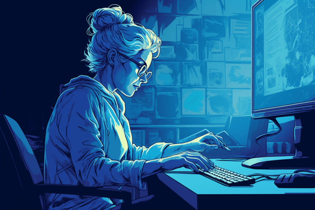 Digital illustration of a woman over 50 typing on computer