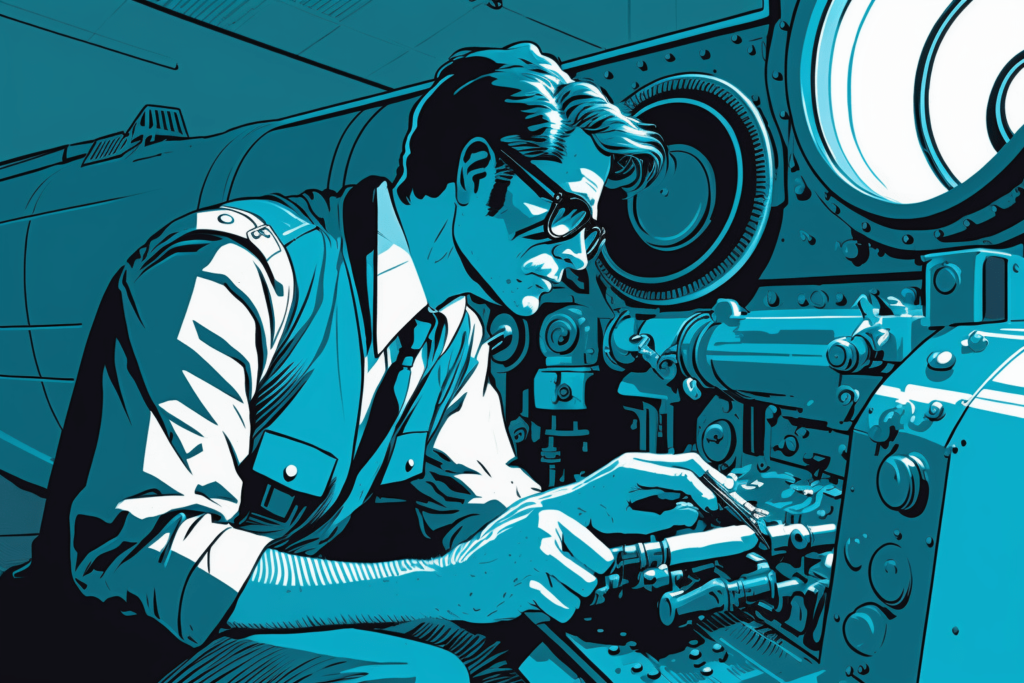 Digital illustration of an aerospace engineer fixing an air plane