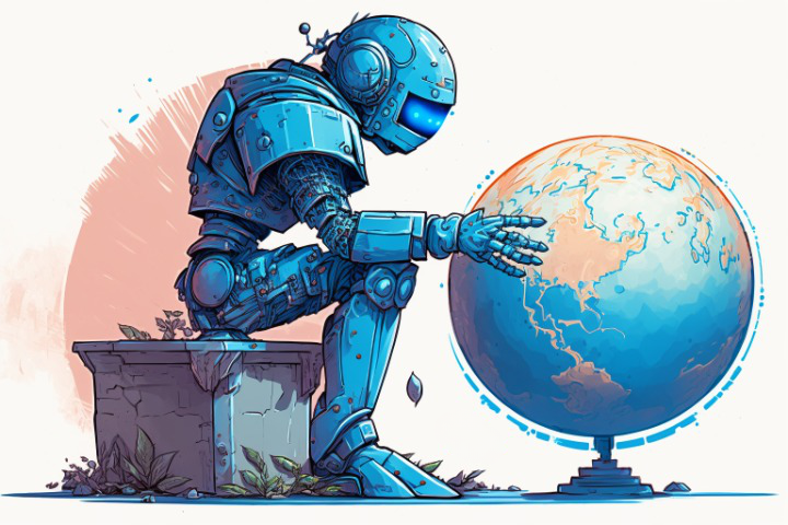 Digital illustration of a AI Robot and the Globe depicts whether AI would help the world or hurt