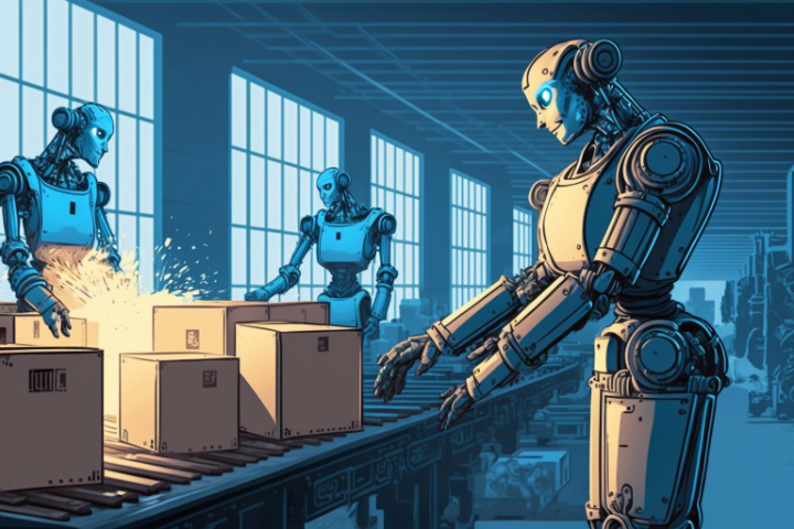 Digital illustration of AI Robot working in a manufacturing workplace