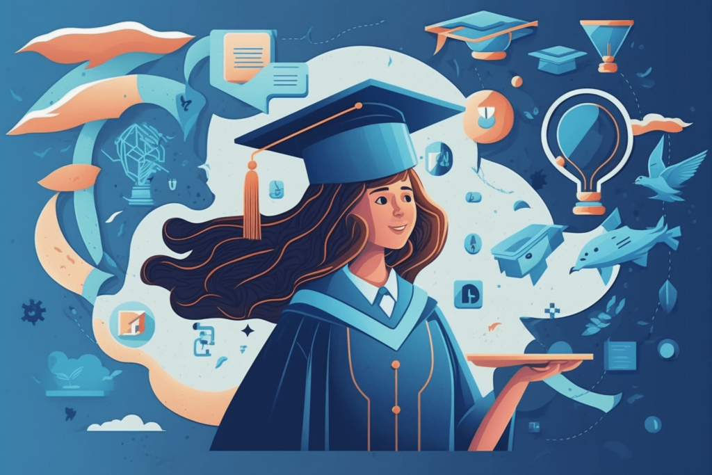 Digital illustration of a girl graduate from associate's of arts degree