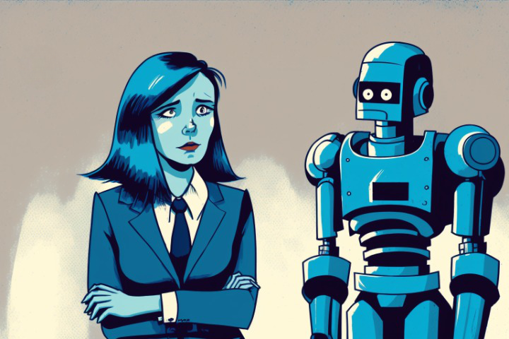 Digital illustration of a robot and a job seeker which depicts job seeker is worried about robots taking over jobs