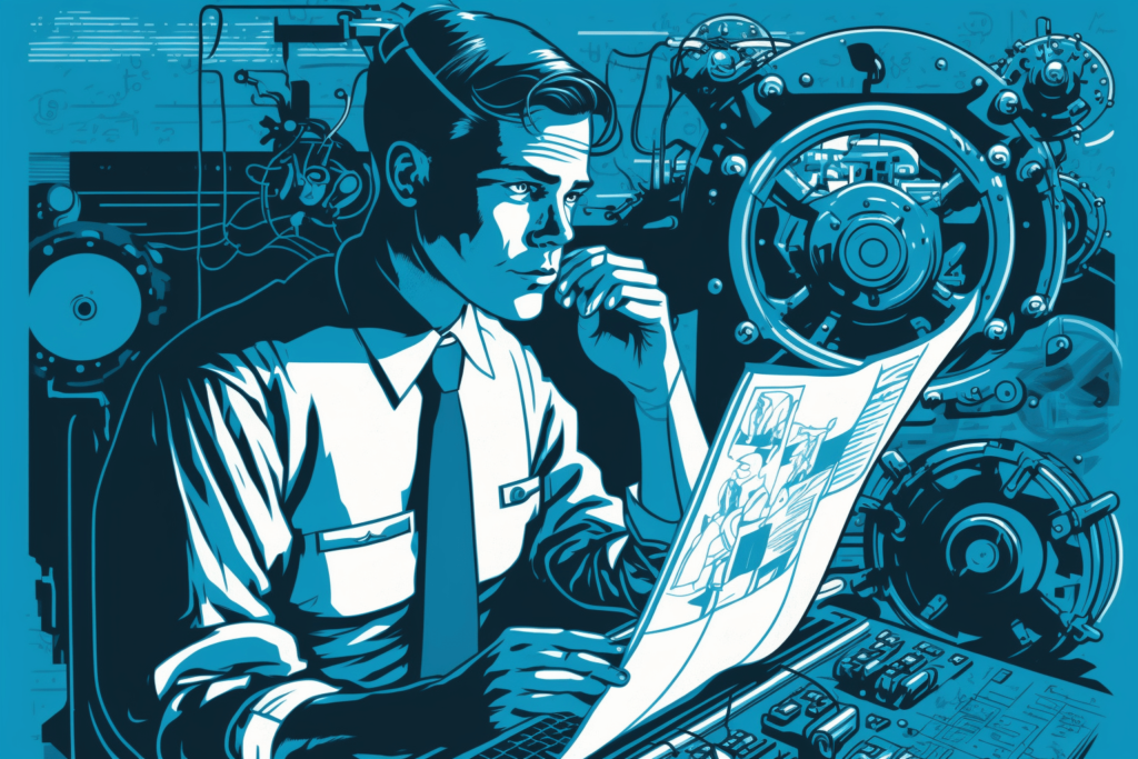 Digital illustration of a mechanical engineering technician reading a diagram