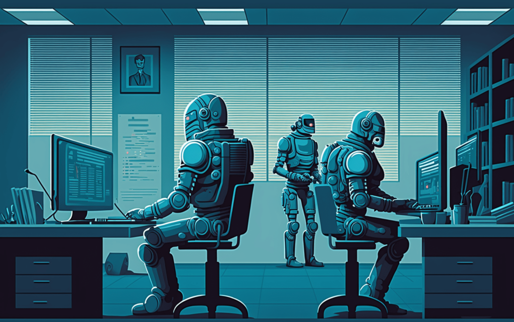 Digital illustration of AI Robots working in the office depicts the revolution and impact of AI on jobs