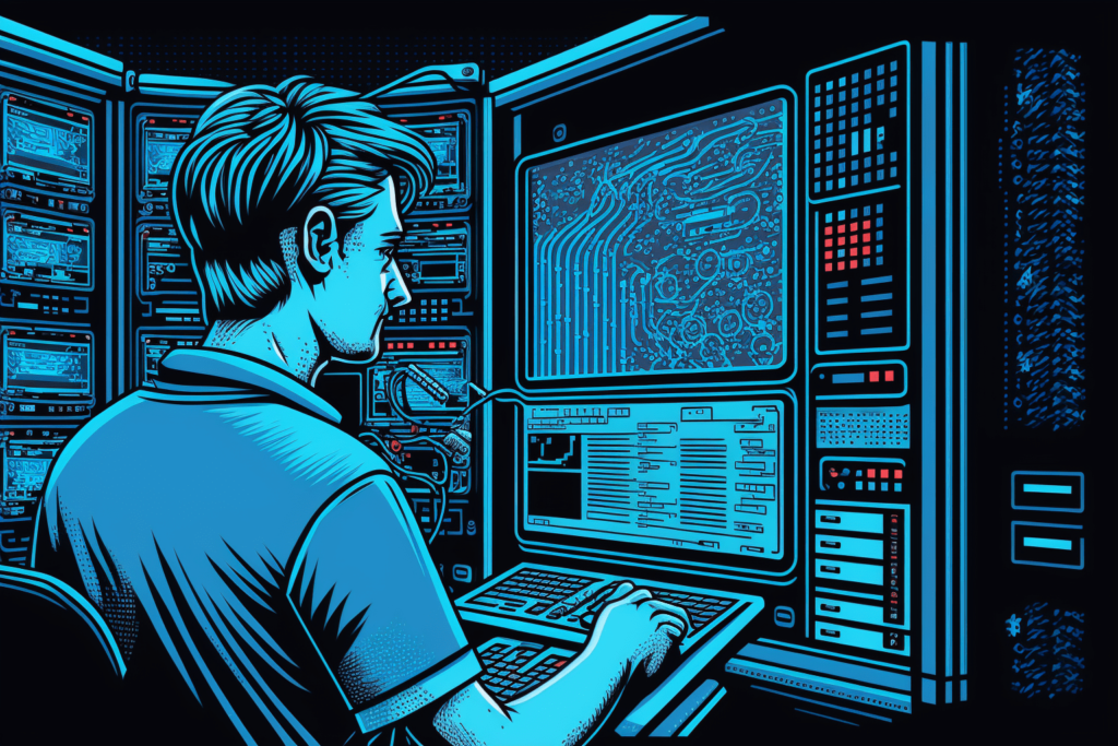 Digital illustration of a Computer and Information Systems Manager checking on computer screen