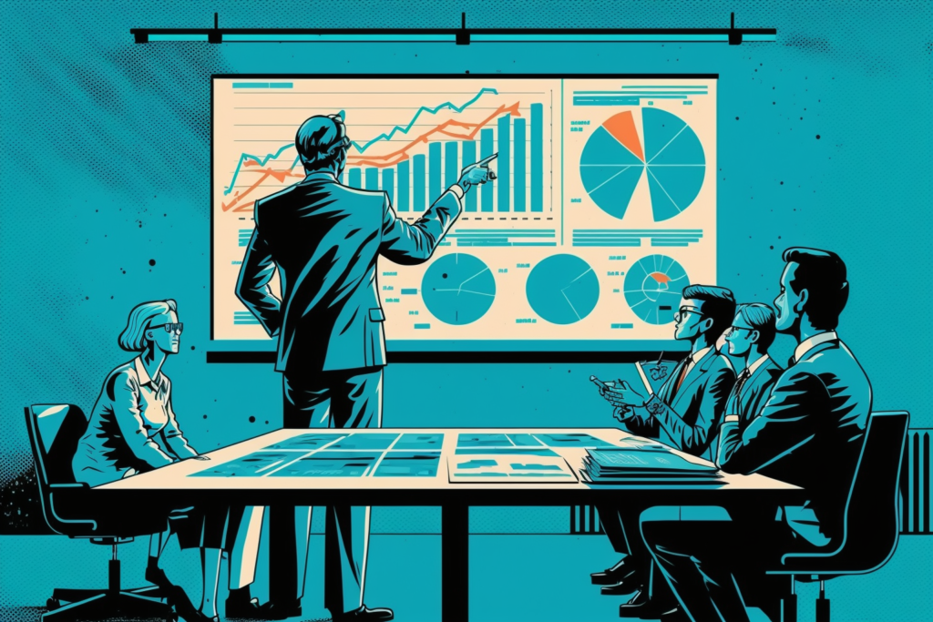 Digital illustration of a Finance Services Director showing financial graph on board on a meeting