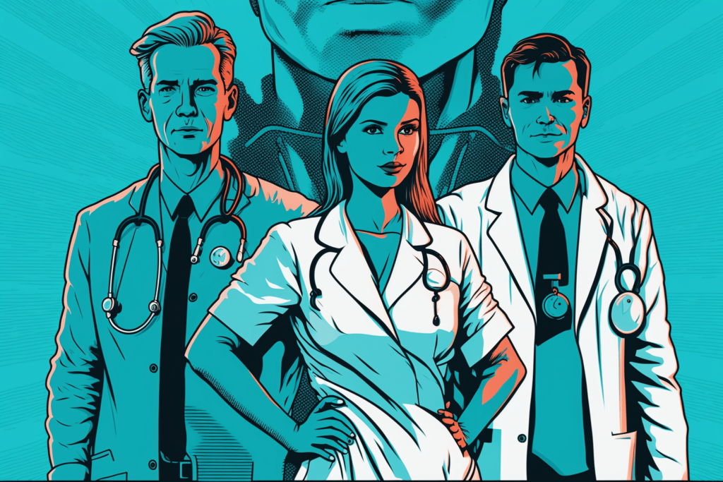 Digital illustration of professional physicians posing for photo