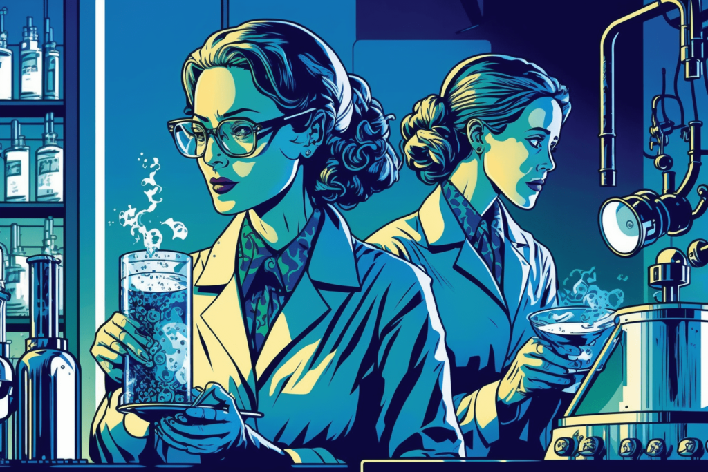 A digital illustration of two female Chemical Engineers working at the lab depicts jobs for bachelor's degree in Engineering