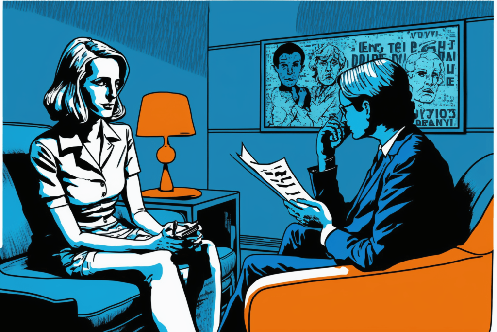 Digital illustration of a Clinical Psychologist talking with a client