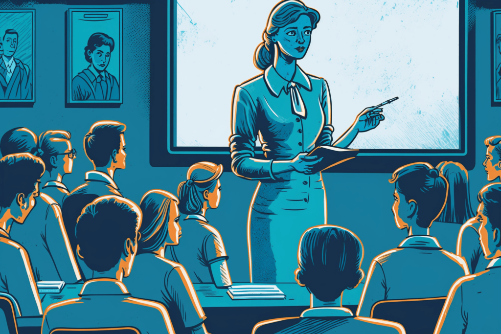 A digital illustration of a High School Teacher teaching at the class depicts jobs for bachelor's degree in Education