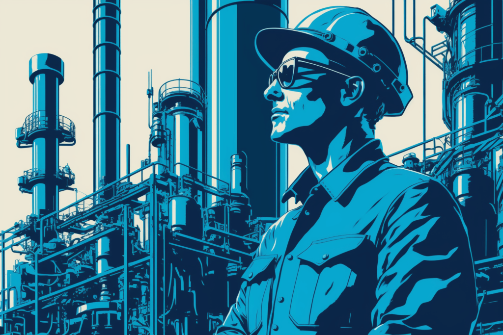 Digital illustration of a petroleum engineer working at petroleum factory