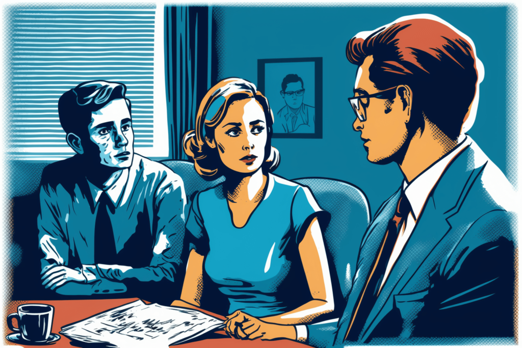 A digital illustration of a social worker in an interview with a couple