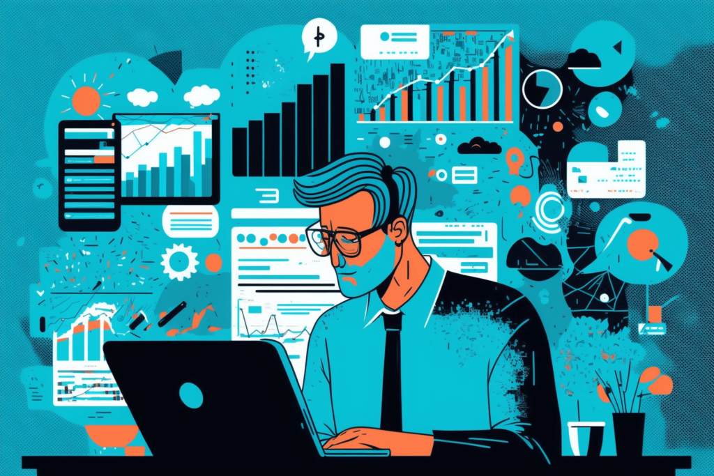 Digital illustration of a digital marketing specialist working remotely