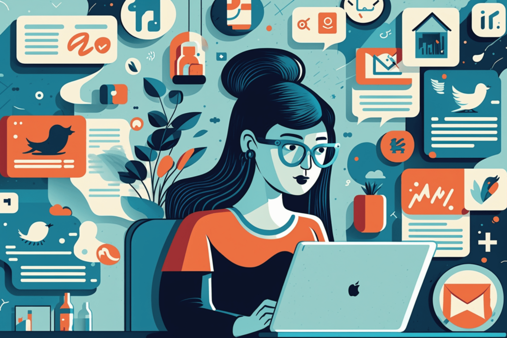 Digital illustration of a female remote social media manager working on laptop from home