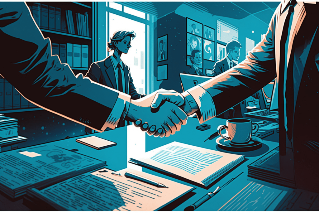 Digital illustration of a job seeker shaking hands with a job agency recruiter