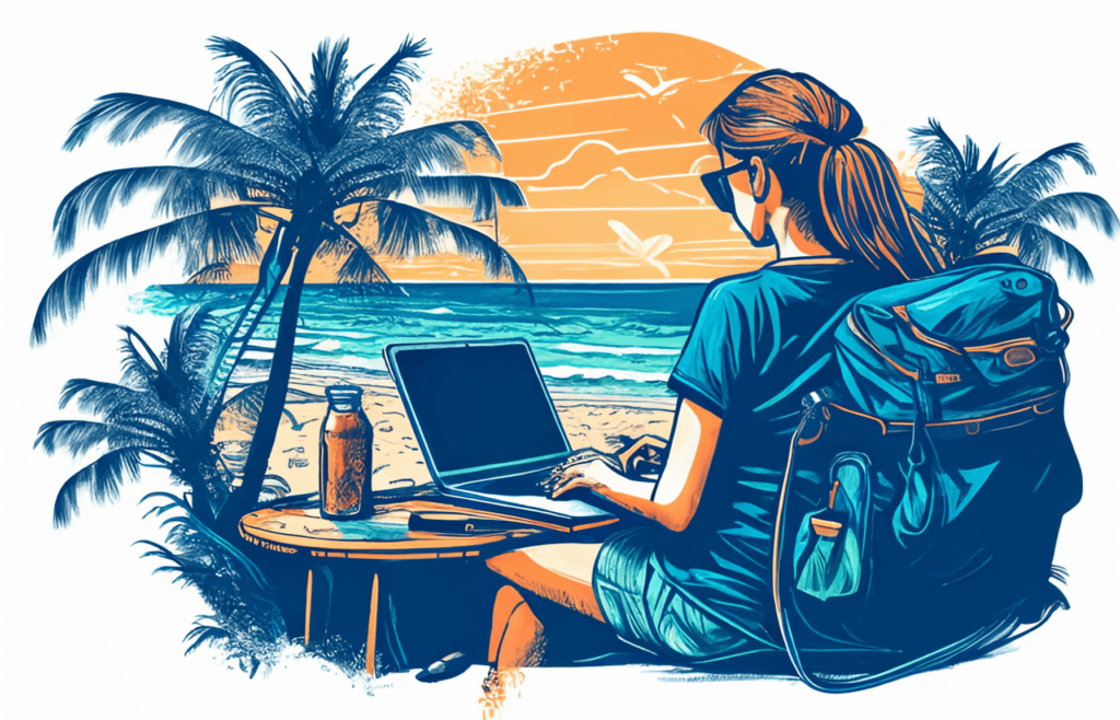 Digital illustration of a female remote worker working on the beach depicts remote jobs work from anywhere