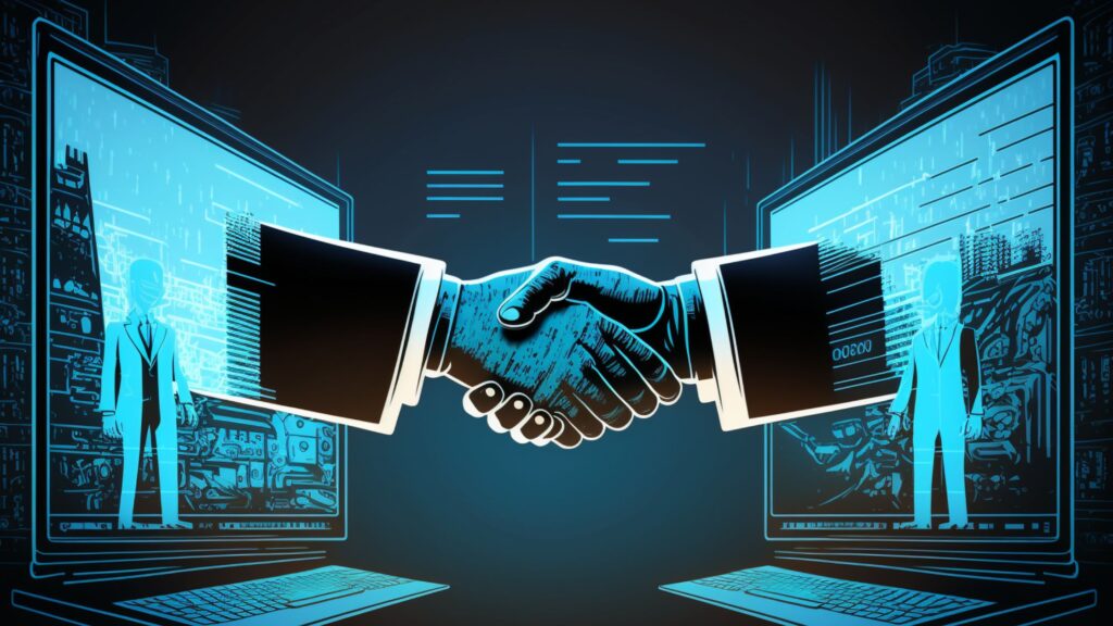 Digital illustration of shaking hands through computer screens depicts how to find part time remote work online