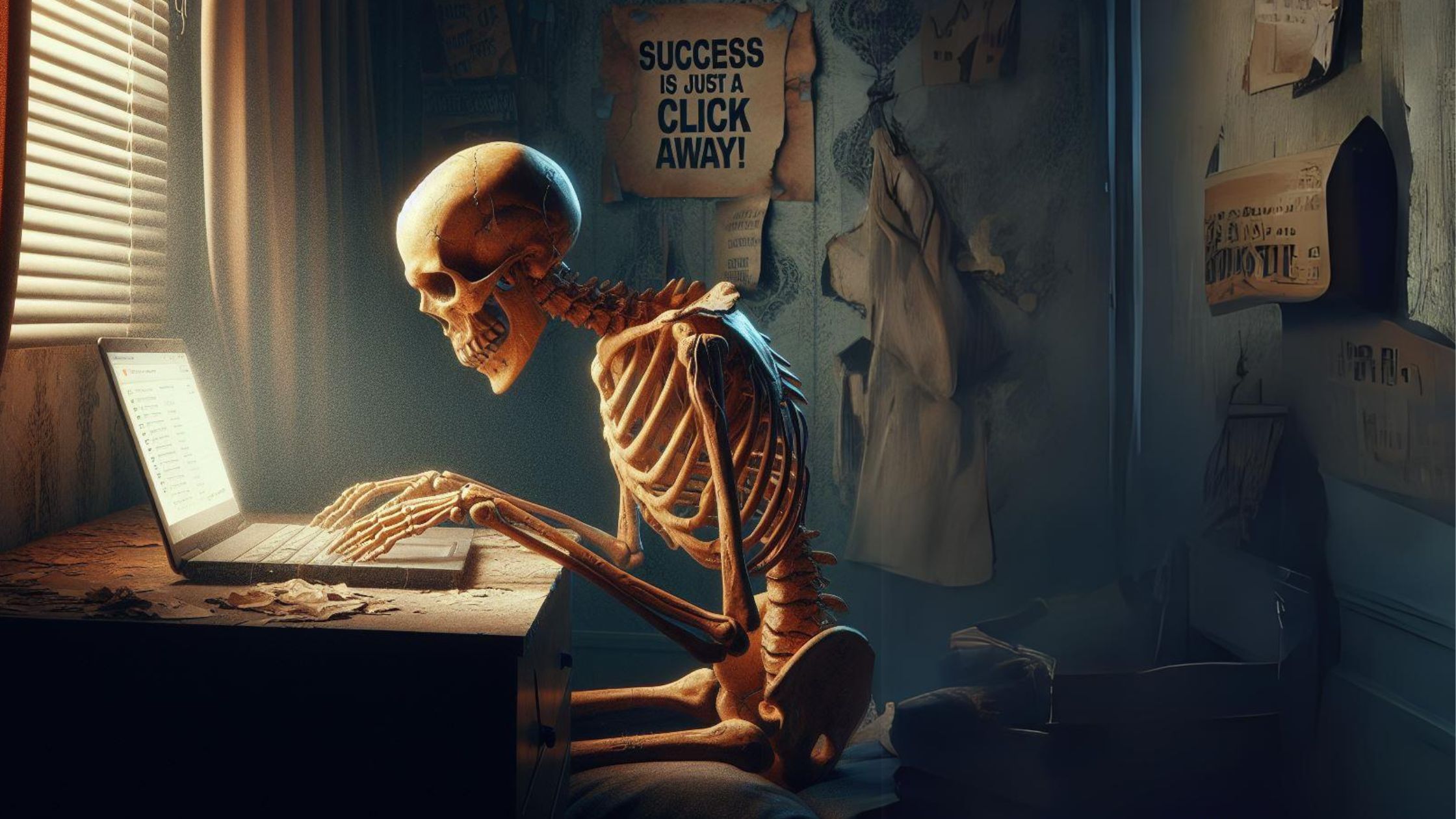 A skeleton, its bones brittle and yellowed with time, hunches over a dusty laptop. The room is dimly lit, the curtains drawn against the relentless sun. The wallpaper peels, revealing faded motivational posters that mockingly proclaim, “Success is just a click away!” The skeleton’s hollow eye sockets stare at the screen, where a single email notification blinks like a distant star. Depicts the skeleton once a job seeker keeps applying for jobs and getting no response