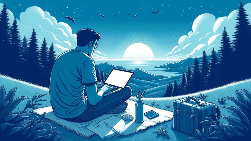 A man working remotely on his laptop sitting on the hill depicts why someone with an associates degree should go for remote jobs