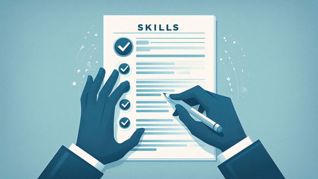 An infographic image depicts how to effectively list skills on a resume